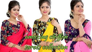 Amazing Chiffon Saree Collectionbeautiful Floral Print Blouse With Solid Sarees Online Shopping169