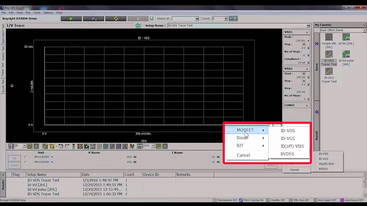 Curve tracing on Keysight B2900A SMUs using Keysight EasyEXPERT software