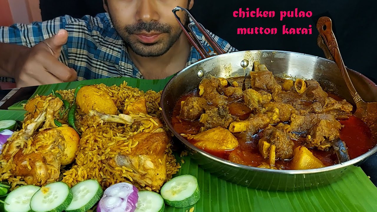 bengali chicken biryani and spicy mutton kadai masala curry salad eatingshow in bananaleaf mukabang
