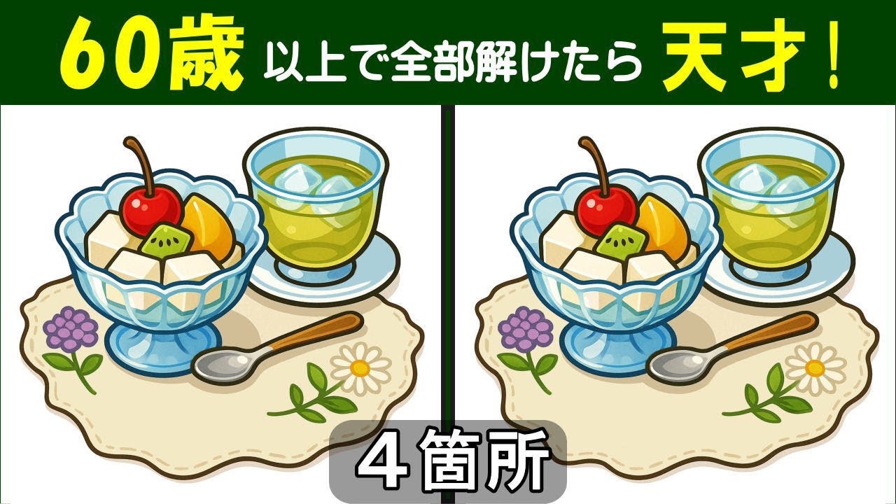 【間違い探し】　 シニアの脳トレ問題集。　注意力を鍛えて脳を活性化！　杏仁豆腐とジャスミンティーのイラスト問題などが５問＋おまけ。#437