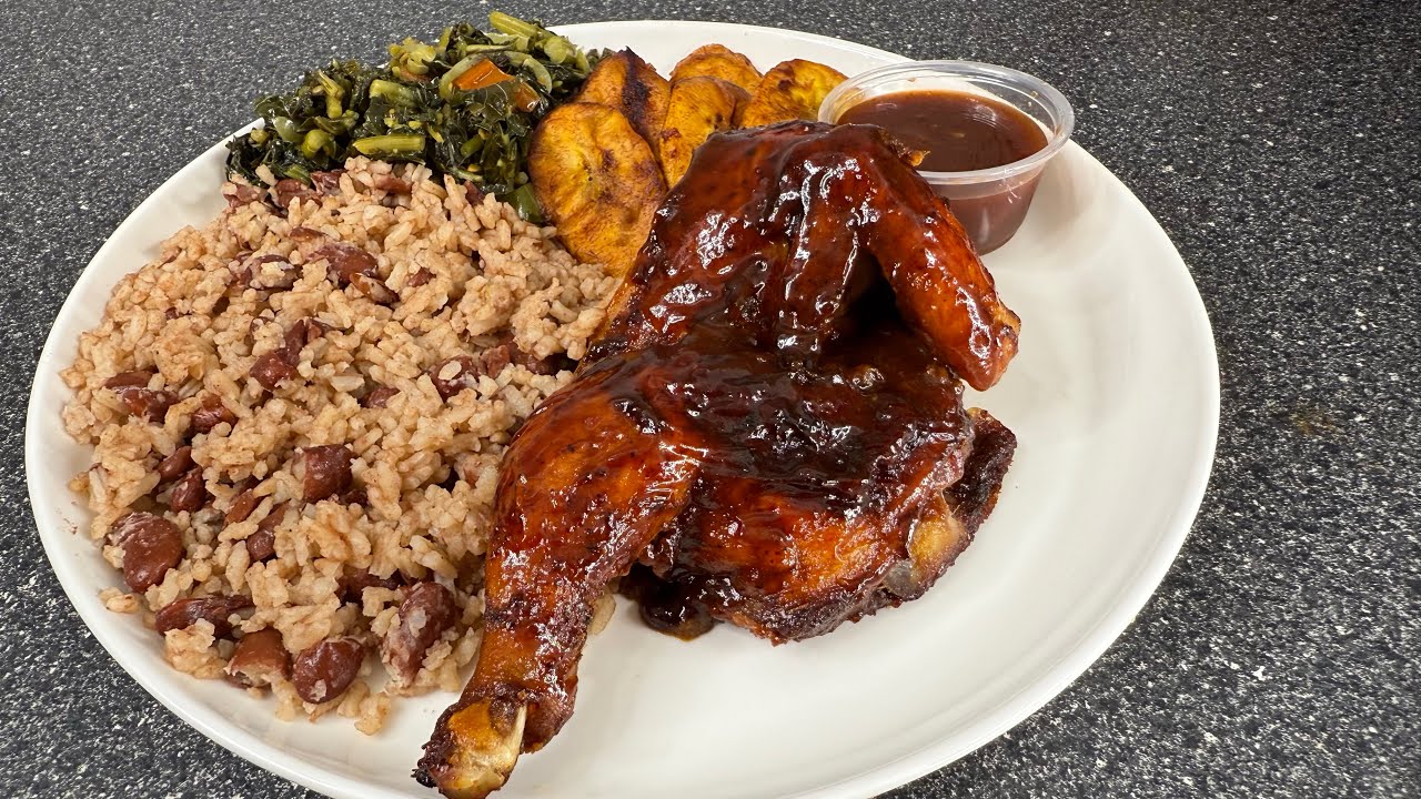 easy-jamaican-sunday-dinner-baked-chicken-rice-peas-callaloo
