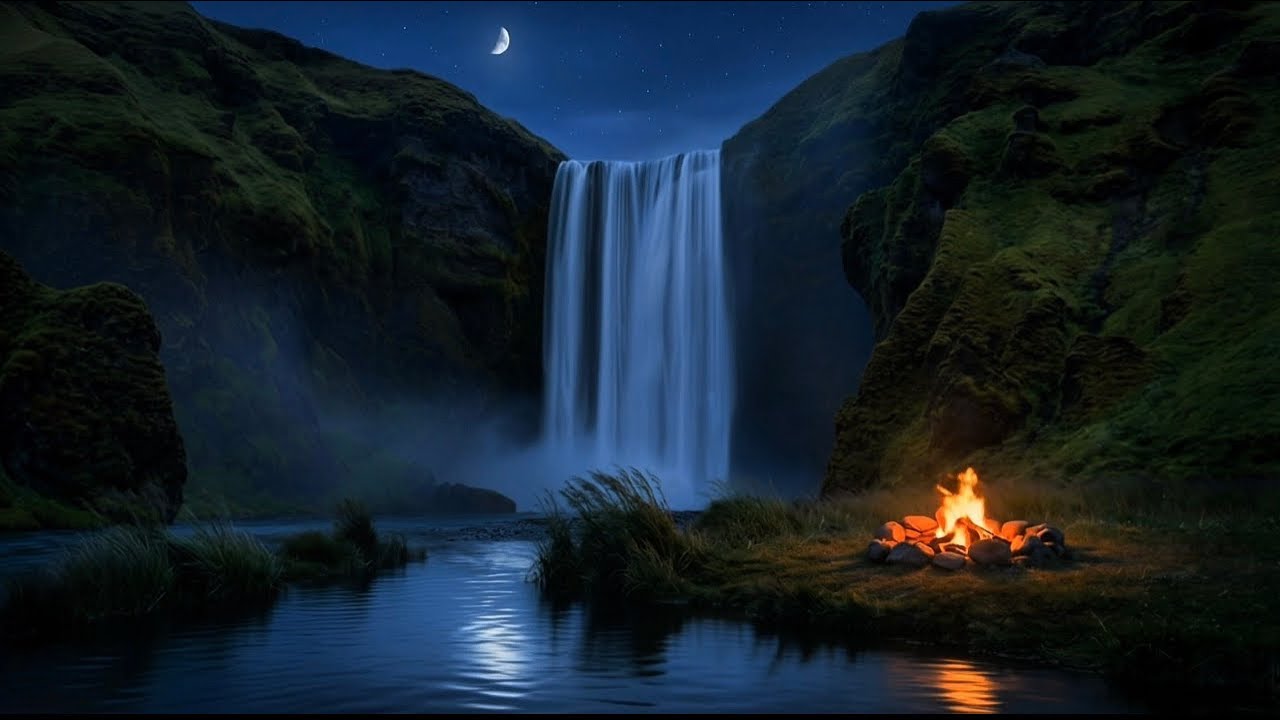 Relaxing Night Ambience 🌙 Waterfall, Fireplace & River | 1 Hour Nature Sounds