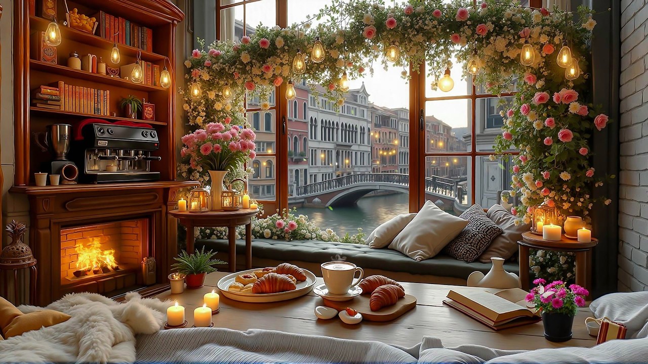 Bright March Morning Coffee Shop ☕🌸 Jazz Piano & Fireplace Ambience for Focus & a Good Mood