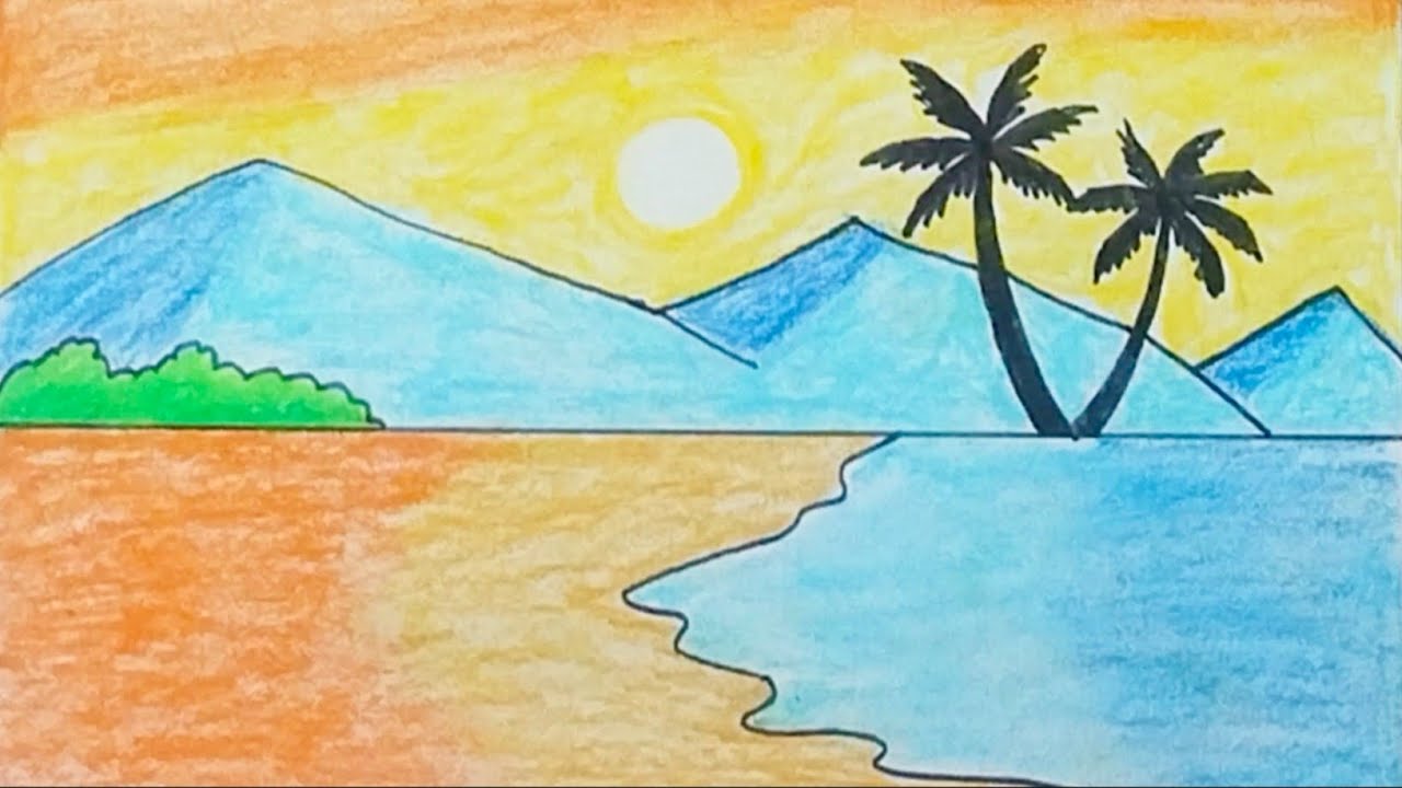 How to draw Sea Beach scenery drawing 🌅🌅 Easy Sunset Scenery drawing 💥💥 ...