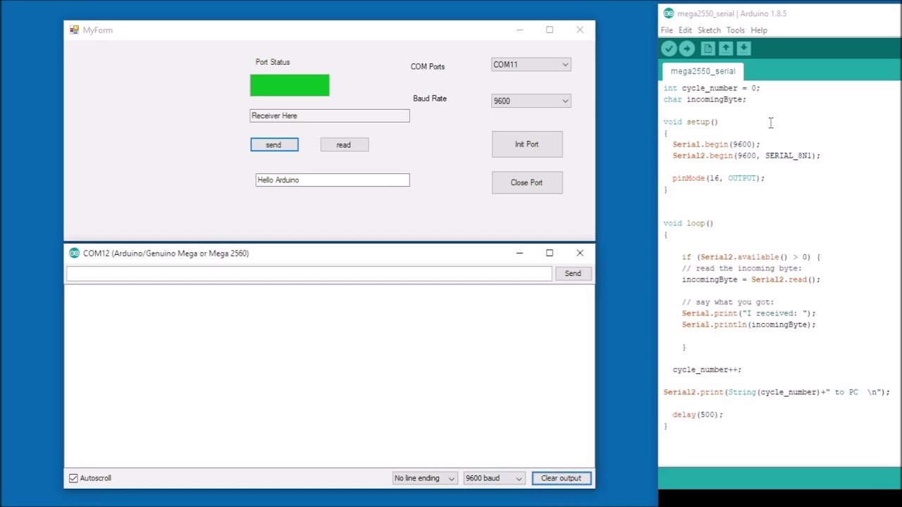 arduino serial port send / receive char (string) - YouTube