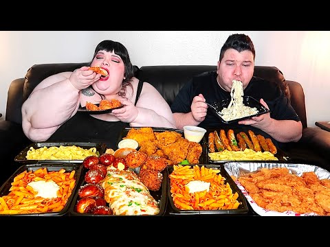 Massive White Alfredo & Fried Chicken with Hungry Fat Chick • MUKBANG