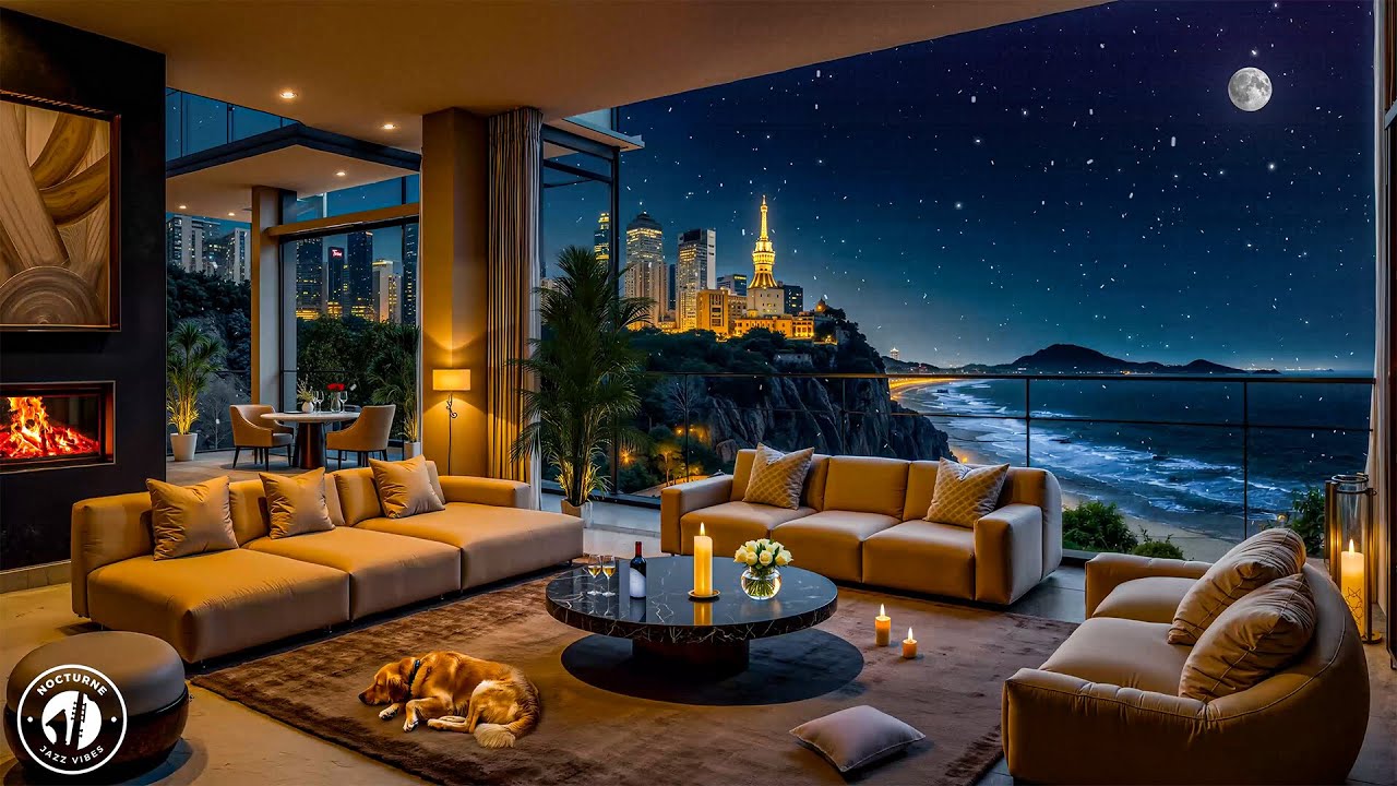 Smooth Jazz In The Luxurious Apartment Overlooking The Beach At Night - Mellow Jazz To Calm The Mood