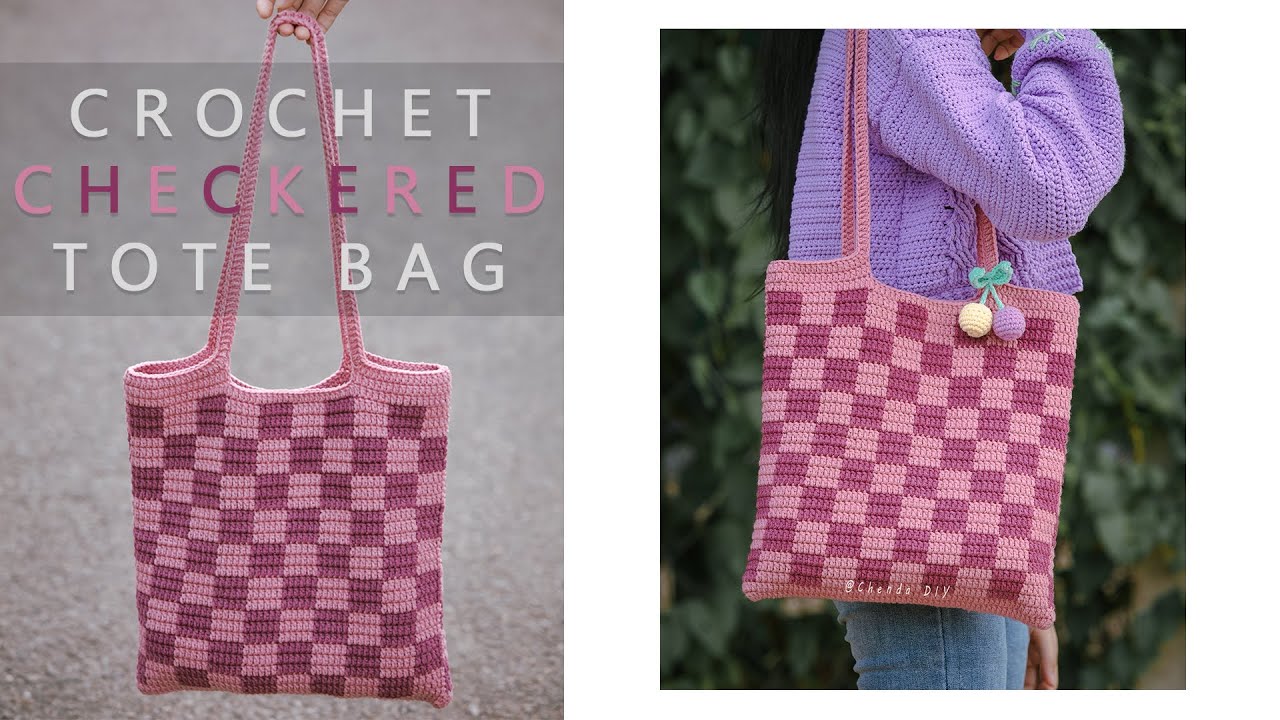 Checkerboard Crochet Bag, Hollow Out Shoulder Bag, Women's Knitted
