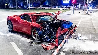 This video shows a supercar beeing wrecked. red ferrari 458 speciale
with golden rims and italian flag color stripes. you can see details
the car beein...