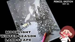 Moonlight winter season landscape scenery drawing easy way/Moonlight snowy landscape pencilart#Day10