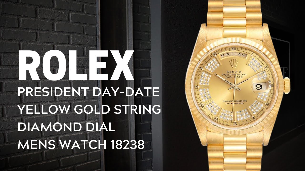 Rolex President Day-Date Yellow Gold String Diamond Dial Mens Watch 18238 | SwissWatchExpo