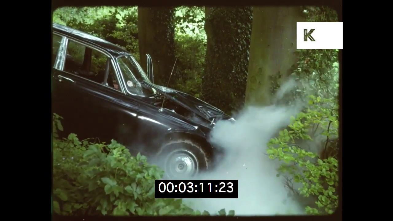 1970s/1980s Jaguar Crashes into Tree, Stunt Driving, HD from 35mm