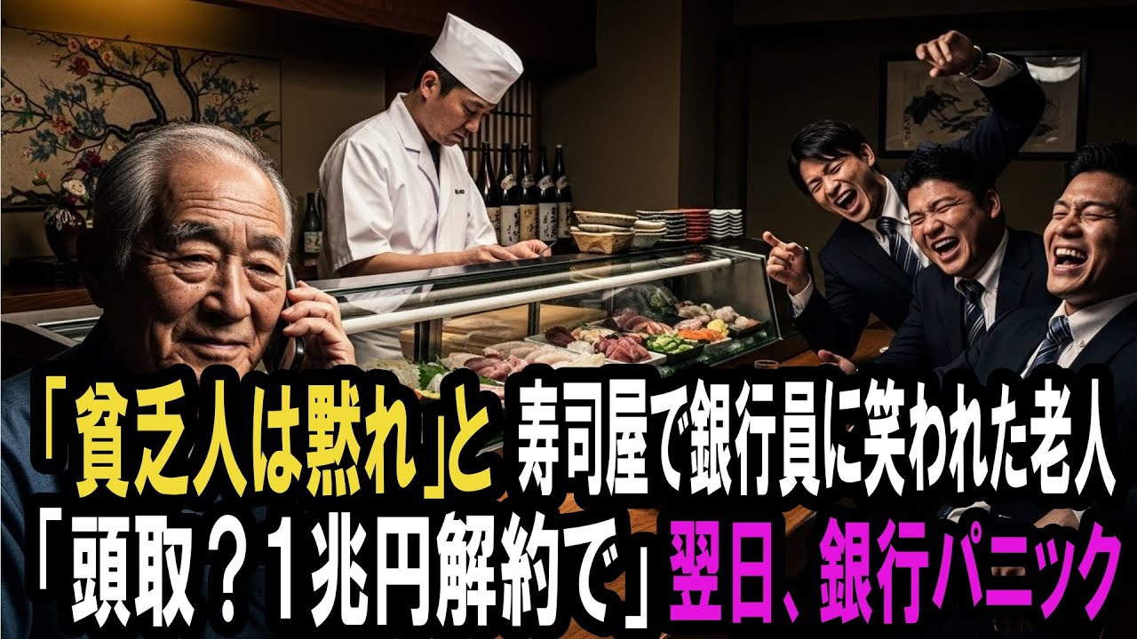 「貧乏人は黙ってろよ」高級寿司店でエリート銀行員に見下された爺さんが一本の電話「頭取？1兆解約で」翌日、銀行員が出社すると本店が大パニック状態！