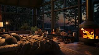 Cozy Room Ambience | Enjoy The Rainy Day With Fireplace Burning In Forest Room for Sleeping