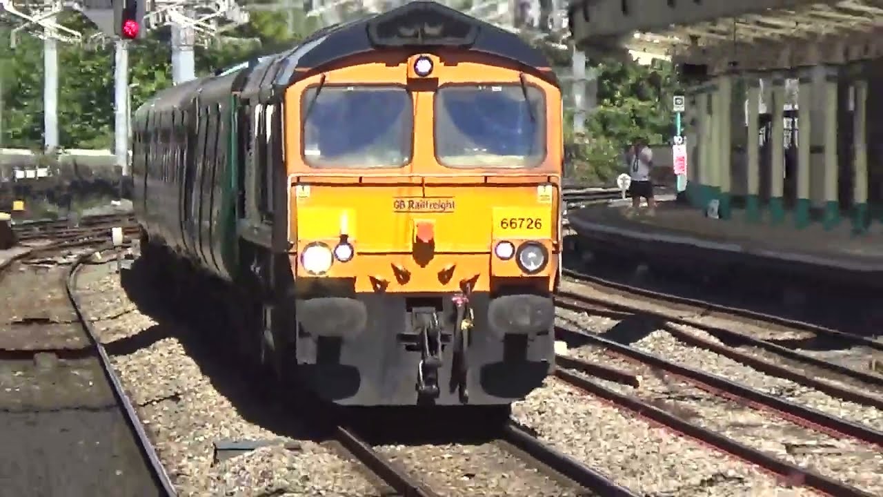 Newport train station. Freightliner train and Southern 455 train going to Newport Simm