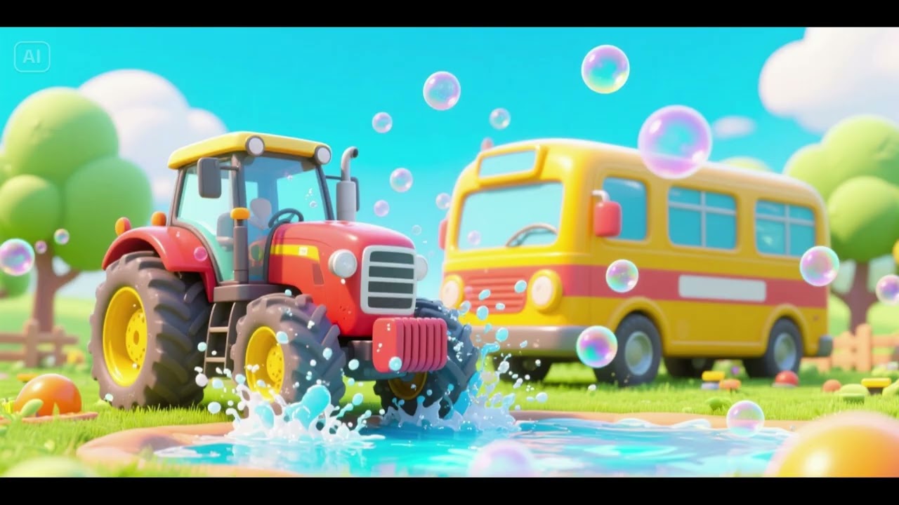 Tractor and Bus Bubble Splash | Fun Bubble Song for Kids | Nursery Rhymes & Learning
