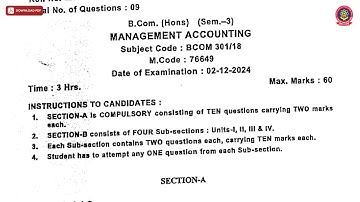 BCOM 3RD SEM MANAGEMENT ACCOUNTING DEC 2024 | PTU