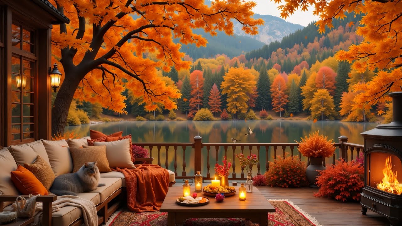 Autumn Porch by the Lake 🍁 Relaxing Piano & Fireplace Sounds for Focus & Study