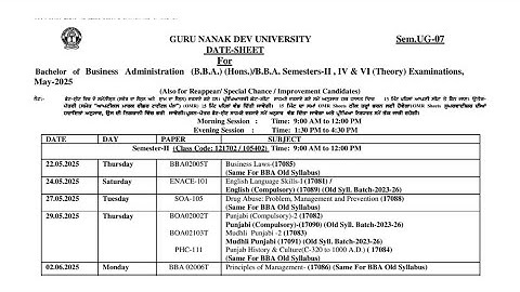 BBA 2nd / 4th / 6th Semester Datesheet 2025 GNDU | Gndu Datesheet 2025 Download