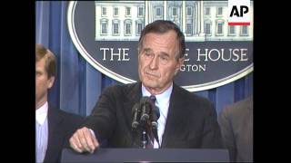 President George H. W. Bush addresses the press prior to his trip to Tokyo, Japan