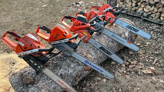 Demo of Husqvarna 562xp 572xp vs Echo 620p 680 and 7310. Professional firewood chainsaws.