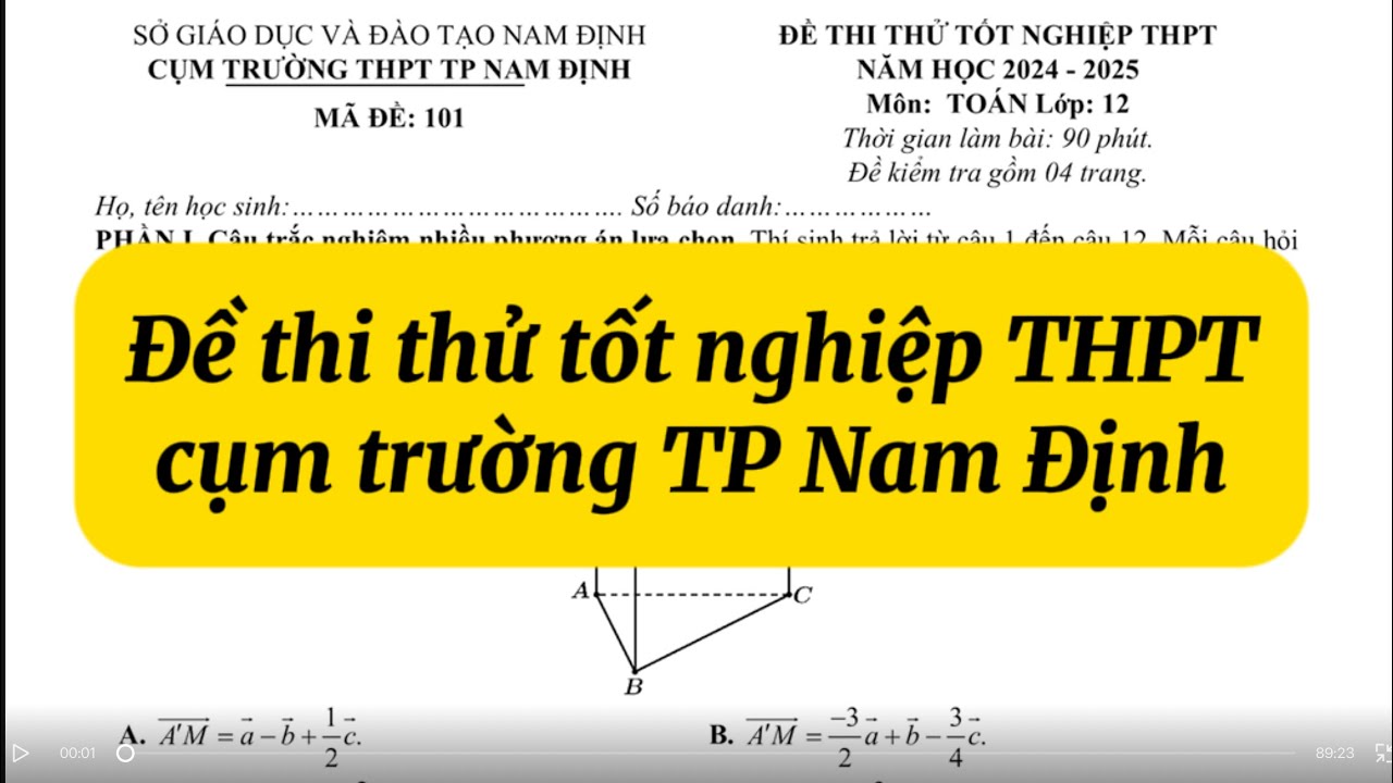 Đề thi thử tốt nghiệp THPT 2025 môn toán cụm các trường Nam Định