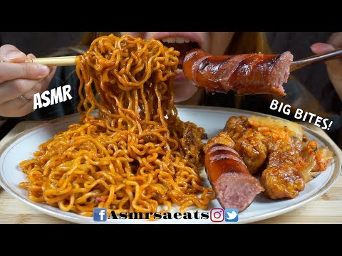 asmr-spicy-kimchi-ramen-noodles-&-kielbasa-sausage-+-chicken-bites-|-big-bites-|-asmr-s.a-eats