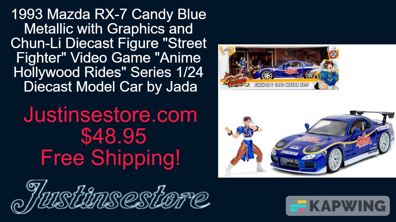 1993 Mazda RX-7 Candy Blue Metallic with Graphics and Chun-Li Diecast Figure "Street Fighter"