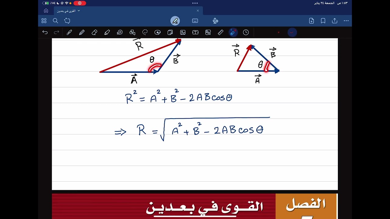 المحصلة بالطريقة الحسابية (قانون جيب التمام وقانون الجيب)