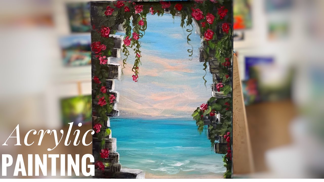 HOW TO PAINT A SEASCAPE VIEW THROUGH OLD RUINS / acrylic in real time
