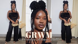 GRWM For An All Black Party! | 2 Bun Loc Style, Soft Makeup, & Outfit! | #KUWC