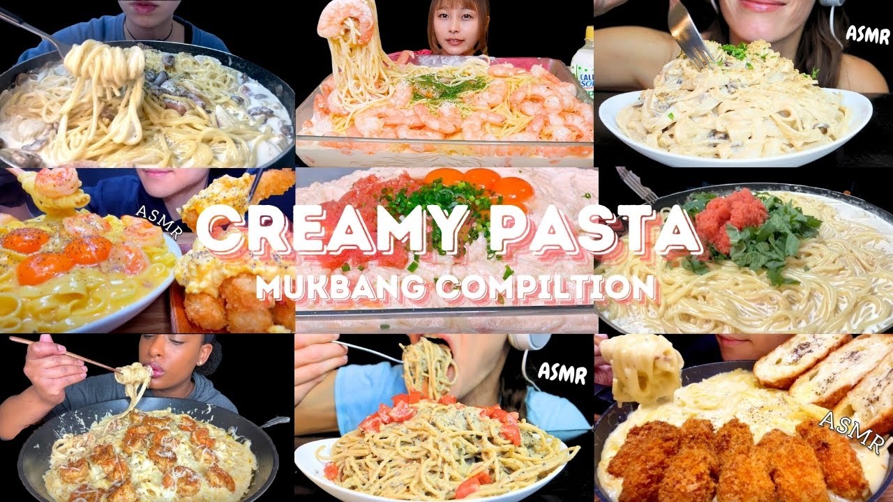 CREAMY PASTA MUKBANG *ASMR* COMPILATION |  BIG BITES | EATING SOUNDS