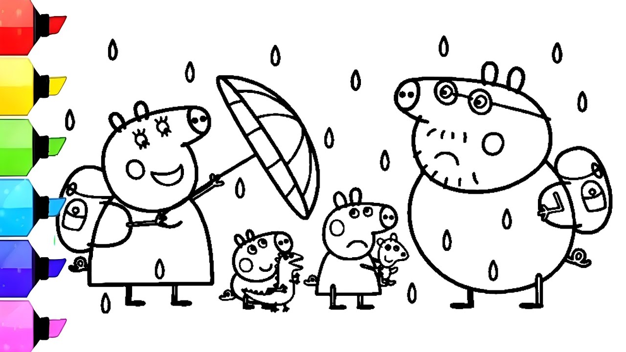 Peppa Pig Family Standing in the Rain Coloring Pages for Kids | Peppa ...