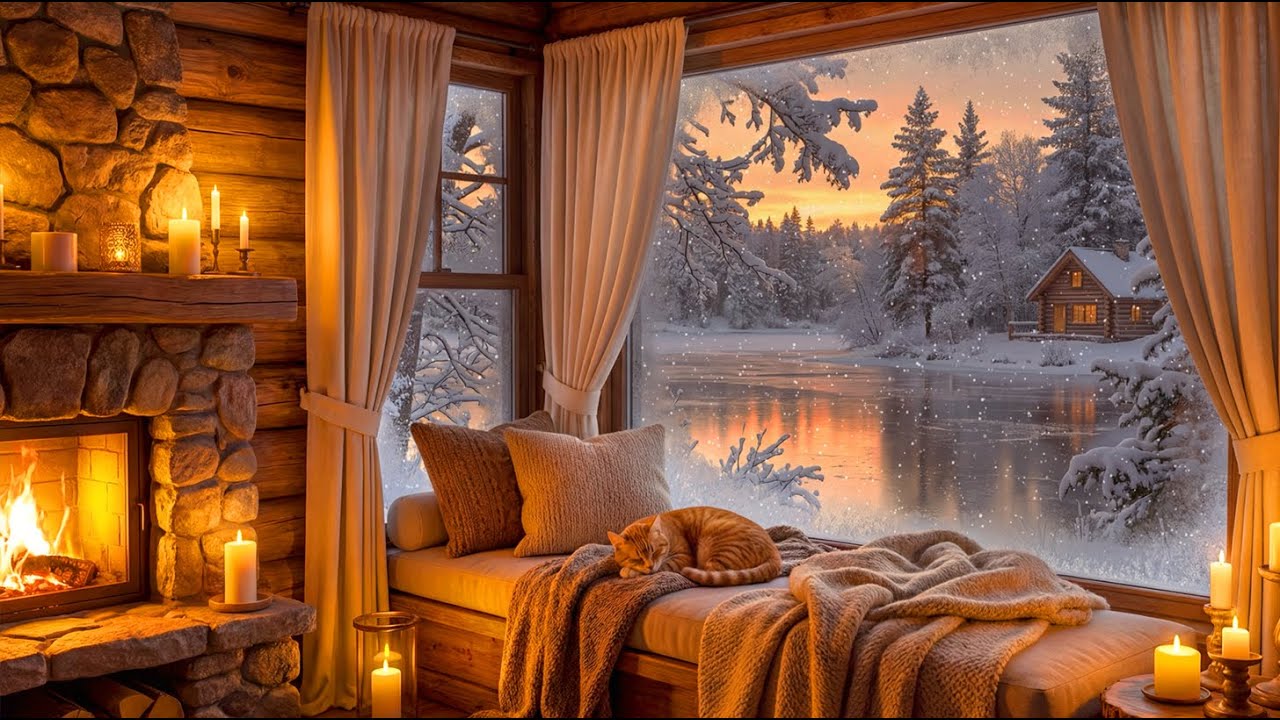 Cozy Winter Cabin Fireplace Ambience ❄️ Snowfall & Cat Purring by the Window | Sleep, Relax & Study