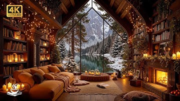 Winter Jazz in a Magical Lakeside Library ❄️ Cozy Reading Escape, Snowy Calm & Warm Fireplace Glow