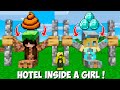 How to BUILD A HOTEL INSIDE GIRL in Minecraft ? DIAMOND GIRL vs DIRT GIRL !