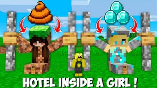 How to BUILD A HOTEL INSIDE GIRL in Minecraft ? DIAMOND GIRL vs DIRT GIRL !