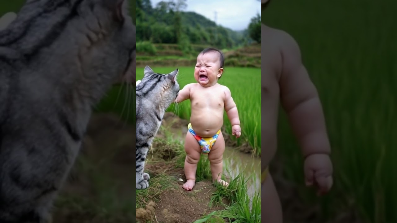 The baby saw the cat cry loudly and was scared for the first time.