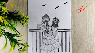 How to draw a girl standing on the porch | Step by step pencil sketch drawing