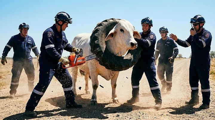 Unbelievable Rescue! Cow Saved After Getting Stuck in Giant Rubber Tire #CowRescue #AnimalRescue