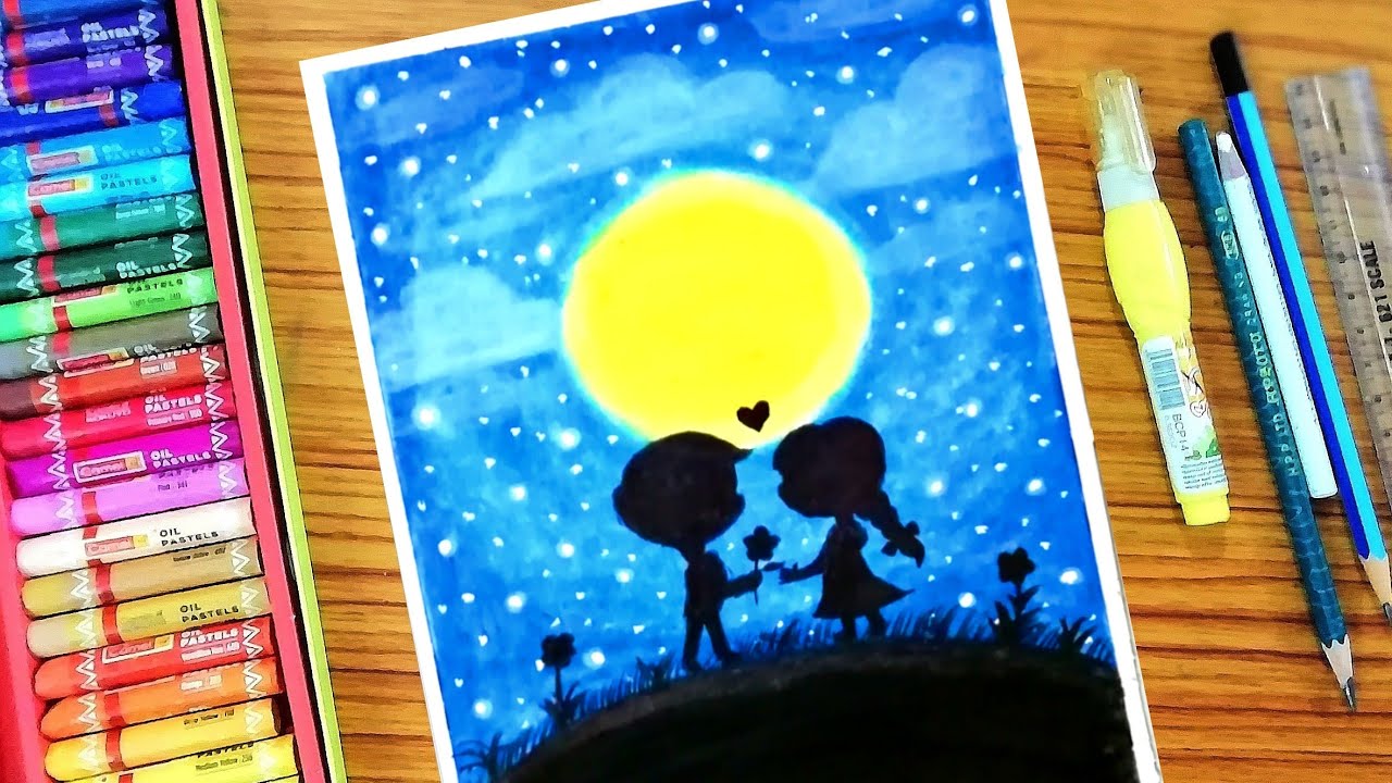 CUTE ROMANTIC KIDS painting using oil pastels step by step - YouTube