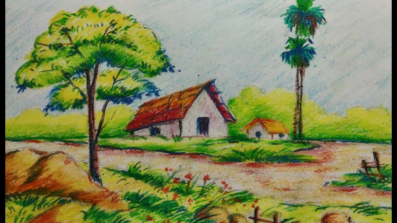 Easy village landscape//Drawing tutorial for kids - YouTube