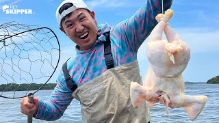 Throwing out a WHOLE CHICKEN For Bait!  (CRAZY RESULTS) Catch & Cook