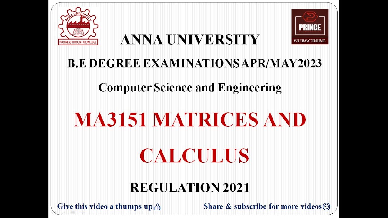 MA3151 MATRICES AND CALCULUS | ANNA UNIVERSITY QUESTION PAPER APR/MAY ...