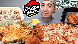 MUKBANG EATING Pizza Hut Cheesy Pan Pizza, Wingstop NEW Hot Honey Chicken, Voodoo Fries, Cinnabon