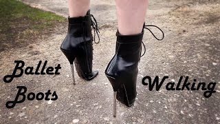 Vika trying to walk in 20cm Ballet High Heels Boots on the street, Ballet Boots Outdoors ( 1029)