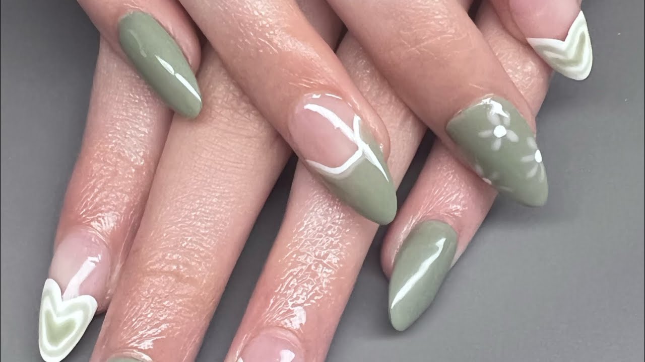 Sage green / nail art / full cover tips - YouTube