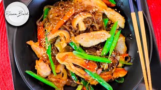 Chicken Japchae Recipe | Korean Japchae Easy Recipe Glass Noodles Ramen with Chicken and Vegetables