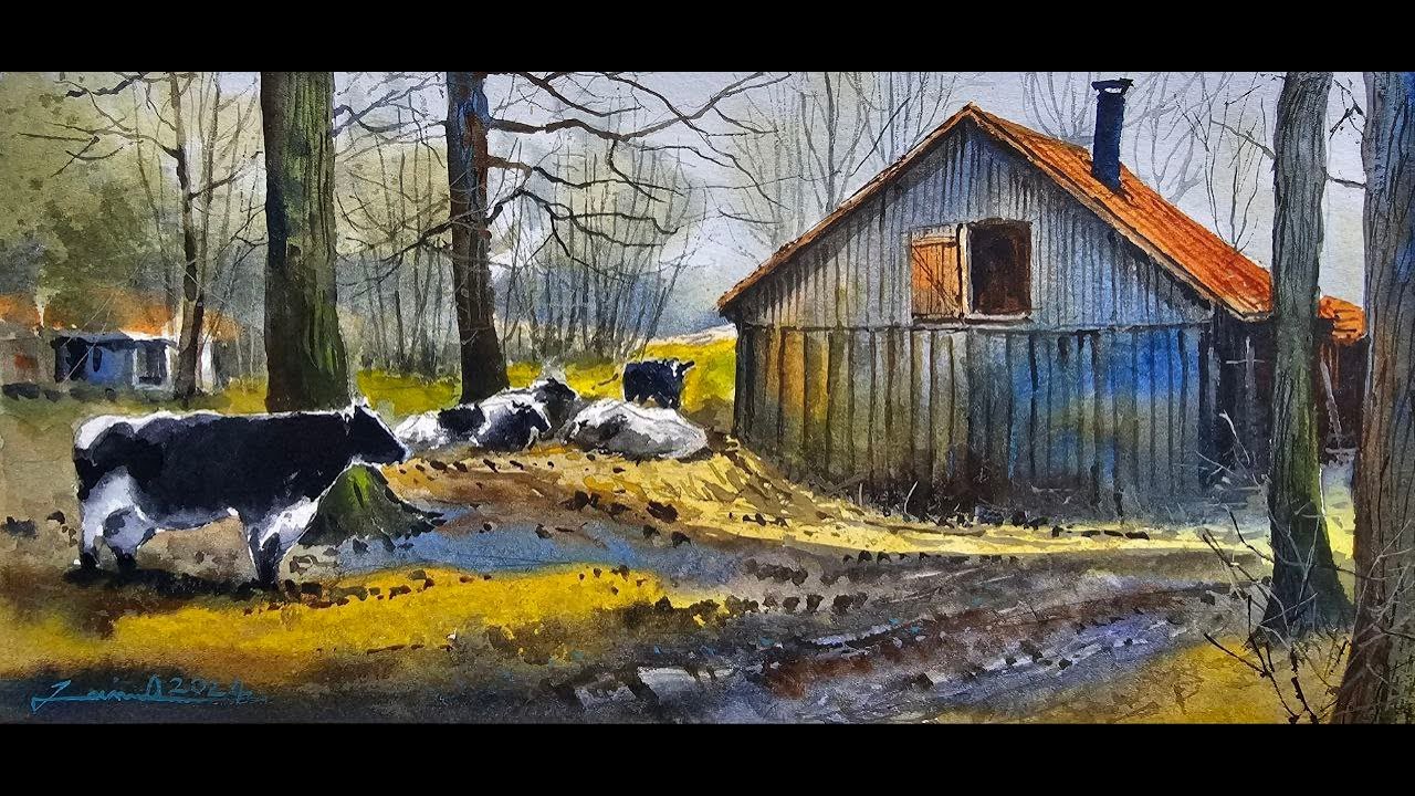 Village Scenery watercolor painting tutorial