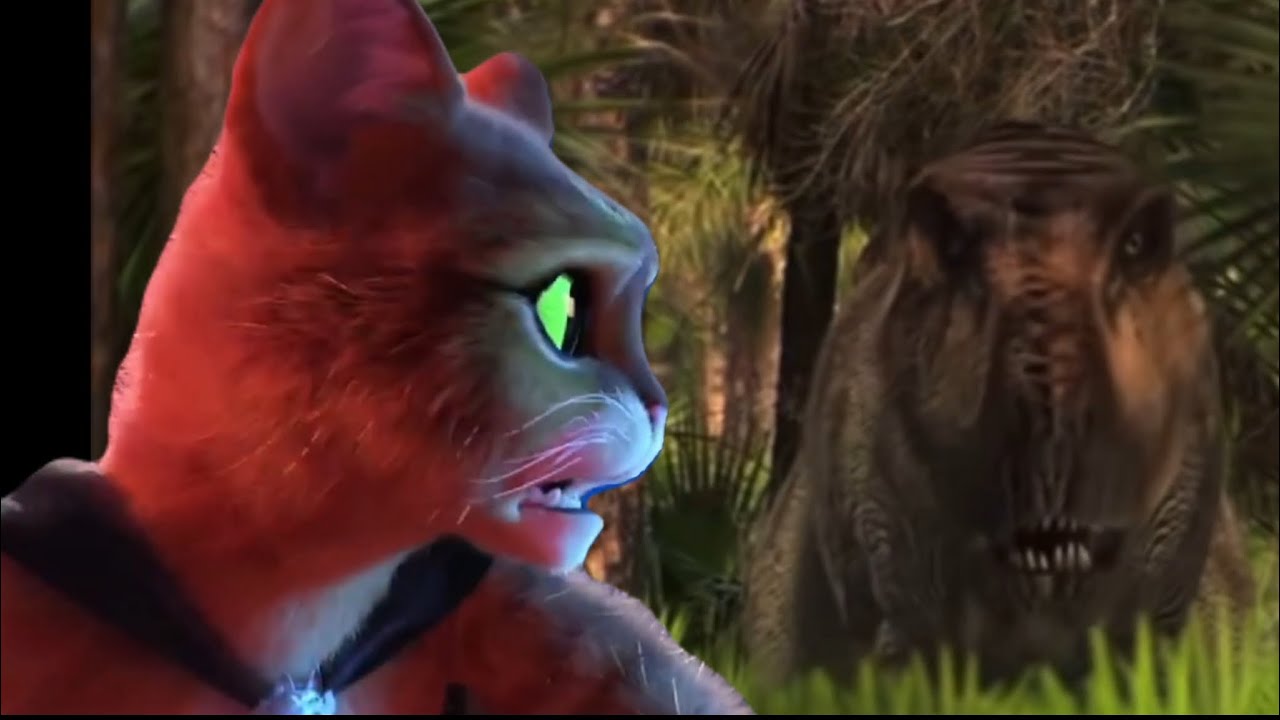 Puss in boots sees a Tyrannosaurus rex (paleo meme)